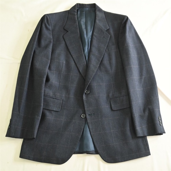 Vtg Alberto Giani 40R Blue Windowpane Flannel Wool Sport Coat Blazer Suit Jacket